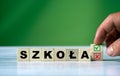 Polish word SZKOÃÂAenglish = school with green positive tick check box and red reject X check box. Yes and no